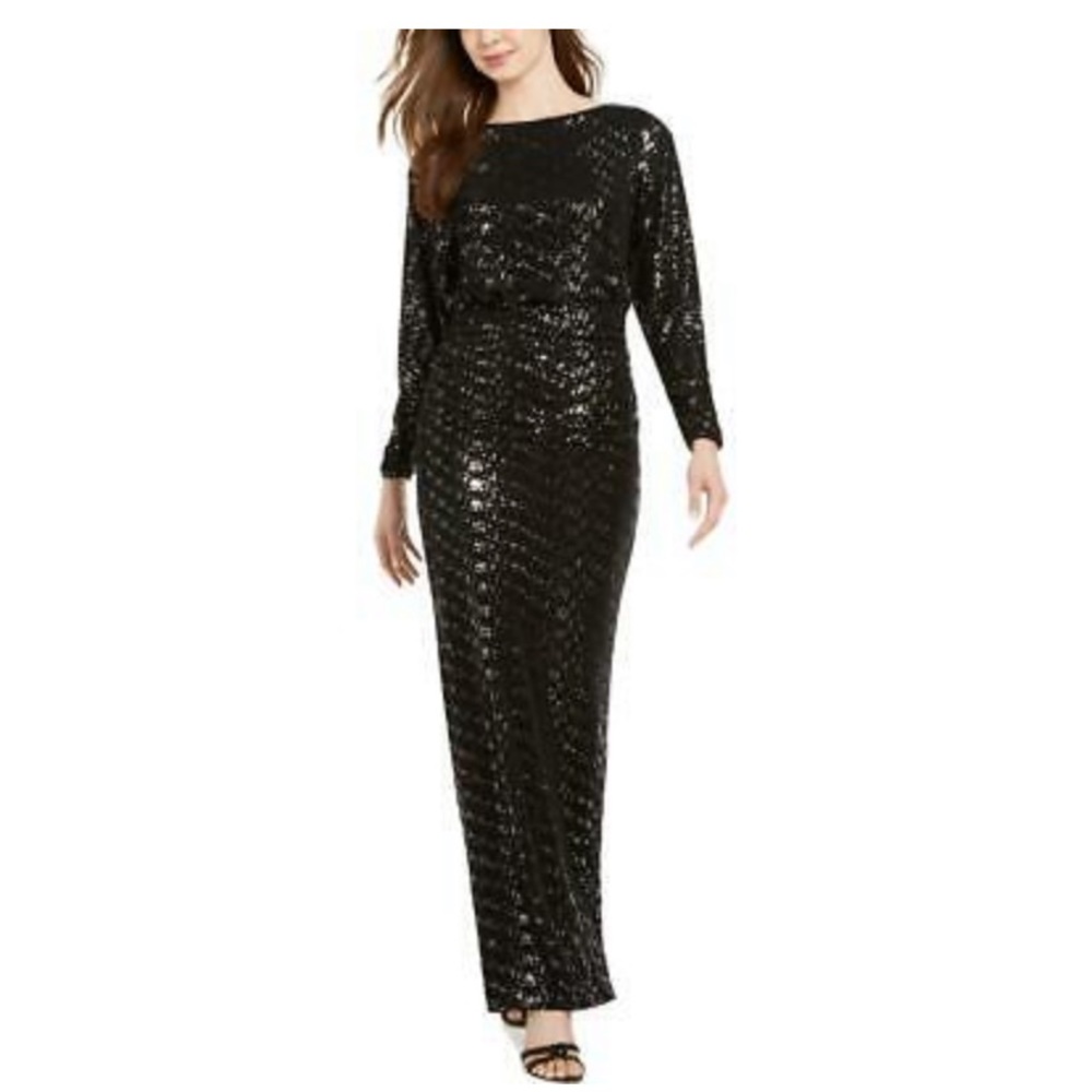 Vince Camuto Ruched Ball Gown Black Long Sleeves Maxi Dress Size 4 New NWOT